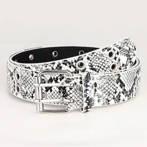 Black and white snake pattern leather belt detail, silver double buckle and metal grommets.