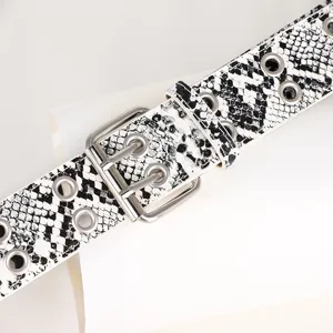 Chic Snake Print Women Belt Retro PU Leather Waist Strap Double Prong Buckle Detail
