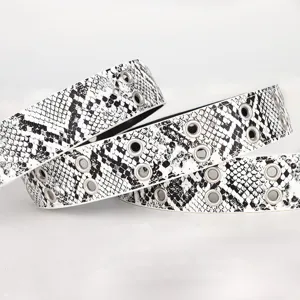Fashion black and white snakeskin print belt with metal eyelets for women dress jeans.