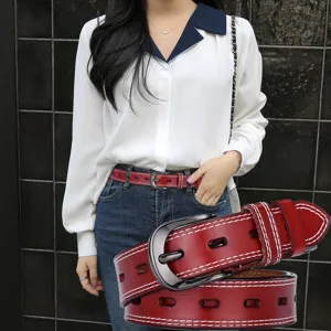 Vintage red leather belt with needle buckle and hollow-out double stitching for casual wear