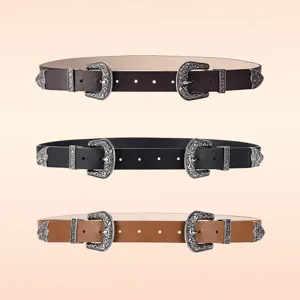 Vintage double-buckle leather belts set with intricate floral engraving in three colors