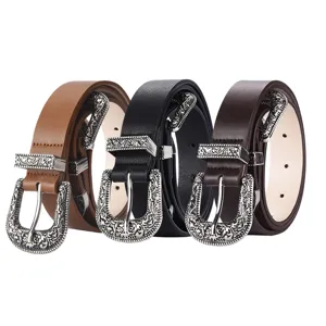 Set of three vintage women's belts featuring ornate silver carved buckles in varied leather tones