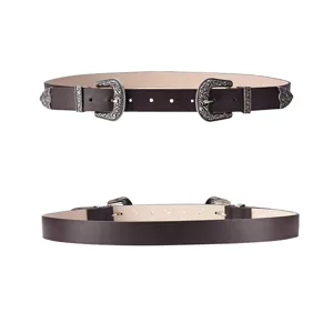 Detailed views of a vintage dark brown belt featuring double carved metal buckles.
