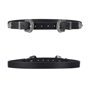 Vintage black belt with double ornate buckles and carved metal tips