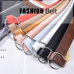 Colorful minimalist PU leather belts with double silver D-ring buckles for casual wear