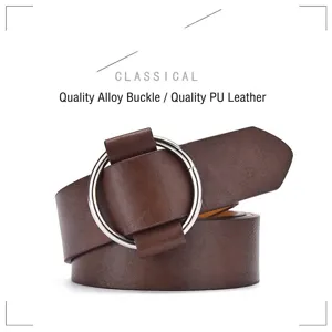 Minimalist brown PU leather belt with large silver circular buckle for jeans and dresses