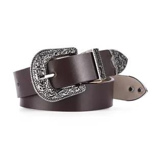 Western style brown leather belt with ornate carved silver buckle and tip set