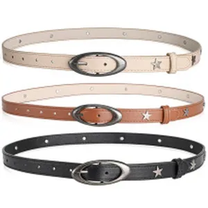 Three pack of skinny faux leather belts for women with decorative star studs and oval buckle.