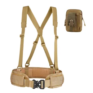 Adjustable tan tactical belt with suspenders and MOLLE pouch, features cobra buckle