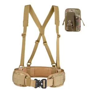Tactical battle belt with H-harness suspenders and camouflage utility pouch.