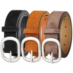 Three women's suede belts in black, tan, and taupe with silver buckles