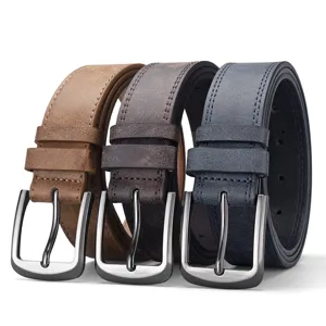 Men Retro PU Leather Belt With Alloy Pin Buckle Distressed Frosted Double Stitching Business Casual Workwear Waistband For Jeans