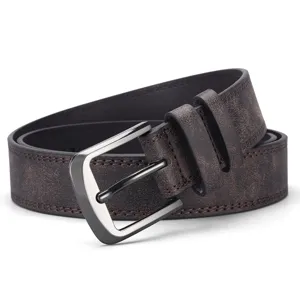Detailed view of the vintage distressed brown PU leather belt with a metal pin buckle.