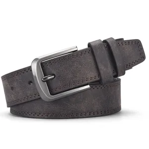 Close-up of vintage PU leather men belt with gunmetal pin buckle and durable stitching