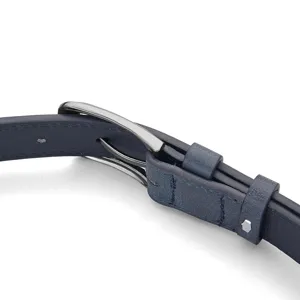 Detailed view of vintage navy blue PU leather belt with a classic silver metal pin buckle