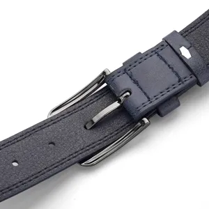 Close-up of a navy blue PU leather men's belt with a gunmetal pin buckle and textured strap.