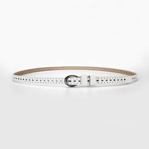 White hollow perforated thin belt for women with gunmetal pin buckle for jeans and dresses