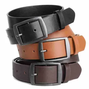 Detailed close-up of stacked men business faux leather belts with durable alloy pin buckles.