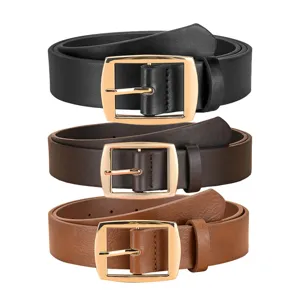 Close-up detail of three men business leather belts with gold metal pin buckles in black brown.