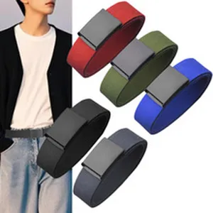Detailed view showing various color options of the versatile canvas belt with metal buckle.