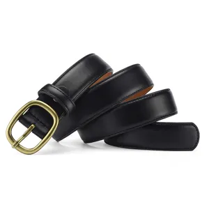 Black leather belt for women with antique brass pin buckle, stylish retro minimalist jeans belt.