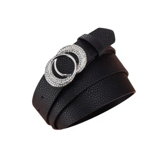 Fashionable black women's leather belt featuring a sparkling rhinestone double-ring buckle