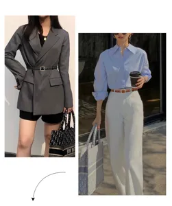 Versatile slim leather belt with gold pin buckle shown on gray blazer and white pants