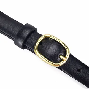 Women's black thin leather belt with gold oval pin buckle elegant retro waistband for dress jeans.