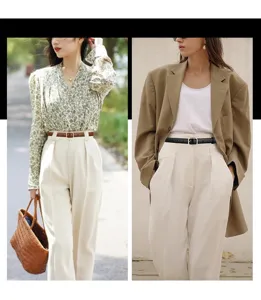 Elegant slim leather belt for women with vintage gold buckle shown in different outfits