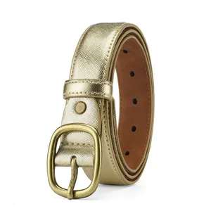 Gold women's belt with stylish cross-grain leather and vintage metal pin buckle for dresses.