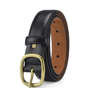Close-up detail of the retro brass pin buckle and fine stitching on black leather belt.