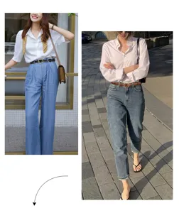 Two slim leather belts with gold buckles styled with white shirts and various blue jeans.