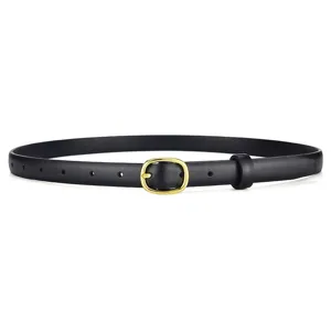 Women slim black leather belt with golden oval pin buckle, stylish daily waist accessory.