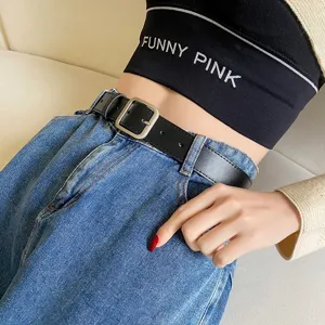 Retro minimalist black leather belt for women with square metal buckle, casual jeans accessory.