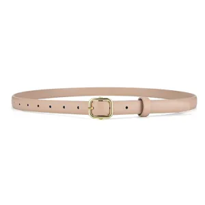Elegant skinny beige leather belt for women featuring a minimalist gold pin buckle