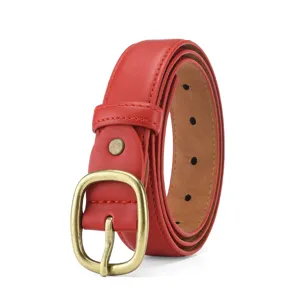 Red leather belt with vintage bronze buckle, detailed close-up shot showing fine texture and pin.