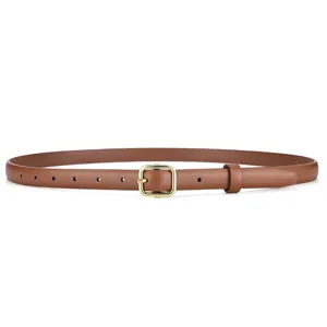 Detailed macro view of the vintage slim brown leather belt with a golden pin buckle closure.