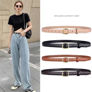 Women Thin Waist Belt Faux Leather Slim Retro Skinny Waistband Gold Pin Buckle For Dress Coat Versatile Elegant Accessory