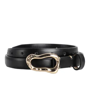 Cinturón elegante de cuero negro para mujer con hebilla dorada irregular para vestidos
