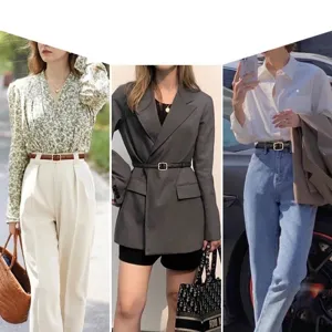 Slim women's leather belt with gold square buckle styled on three diverse fashion outfits