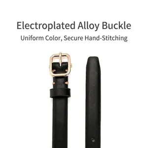 Slim black leather belt detail featuring a golden electroplated alloy pin buckle