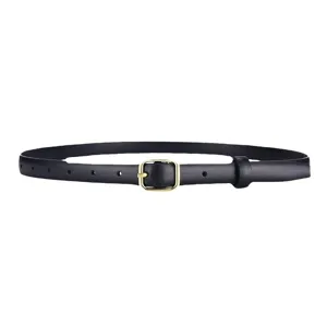 Elegant black slim leather belt for women with a classic gold-tone pin buckle.