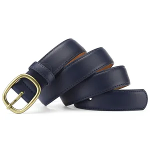 Women's casual dark blue leather belt with vintage metal pin buckle, versatile and stylish.