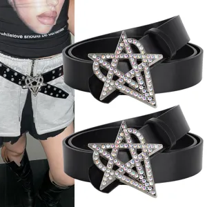 Punk Stil Schwarzer PU Leder Gürtel Mit Strass Stern Herz Metall Schnalle Verstellbarer Taillengürtel Für Damen Herren