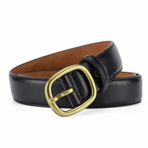 Black leather belt detail with vintage brass buckle, perfect for casual and business wear.
