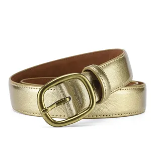 Gold women's casual leather belt with vintage metal pin buckle, detailed close-up shot.