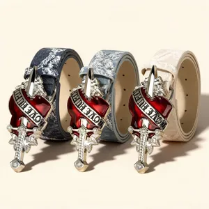 Retro Punk Style PU Leather Belt For Women Men Vintage Washed Texture Heart Cross Metal Buckle Jeans Waist Belt