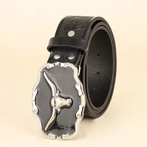 Ceinture en cuir pu noir pour hommes boucle tête de taureau western vintage mode accessoire