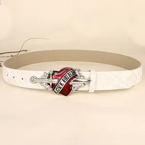 Punk style white leather belt with retro red heart dagger metal buckle detailed view for jeans.