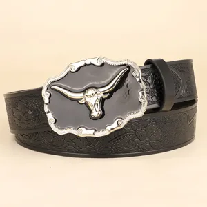 Ceinture Homme Cowboy Western Vintage Boucle Tête de Taureau en Alliage Sangle Cuir PU Gaufré Pantalon Mode Casual